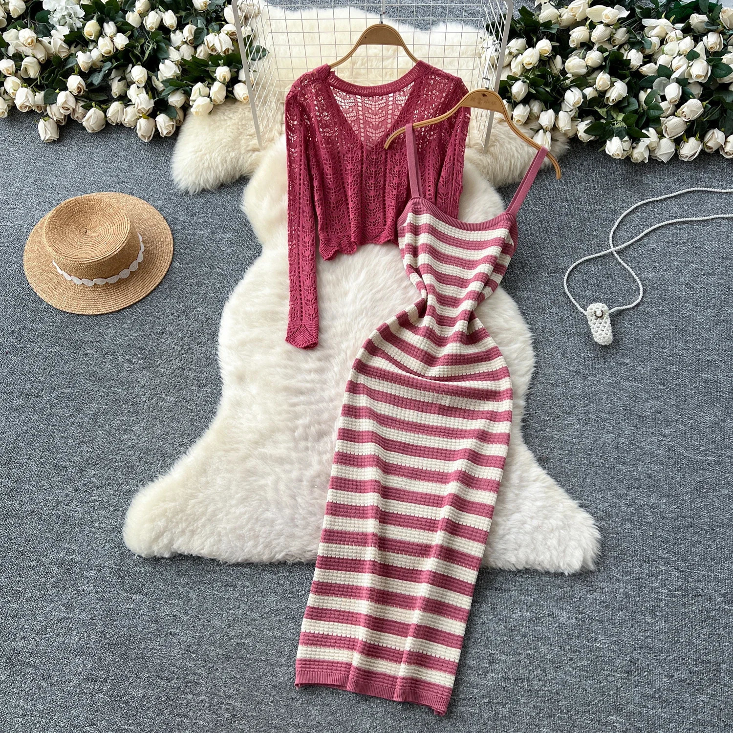Solid Two piece set Hook flower hollow striped sweet Dress Women Fashion Summer Skirt women clothing 250520