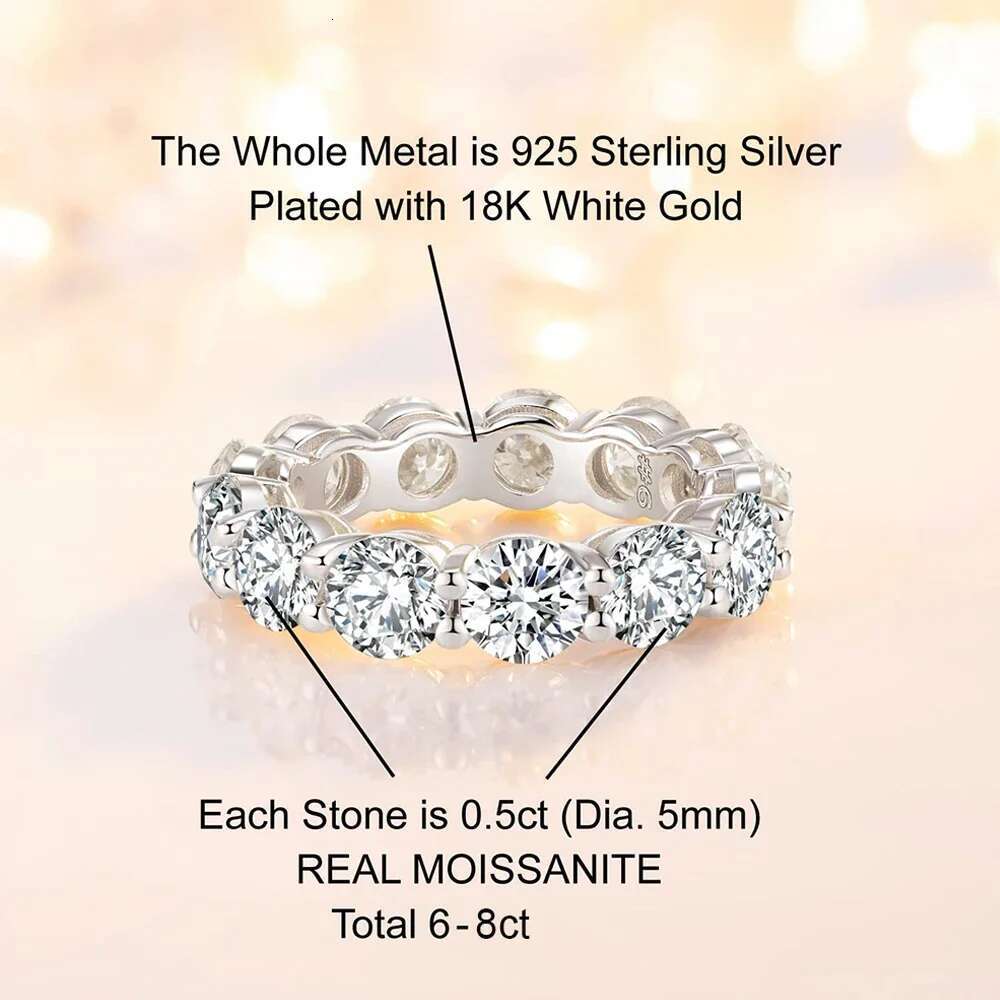 Real 5mm D Color Moissanite Ring For Women S925 Sterling Silver Plated with White Gold Eternity Wedding Band Party Fine Jewelry