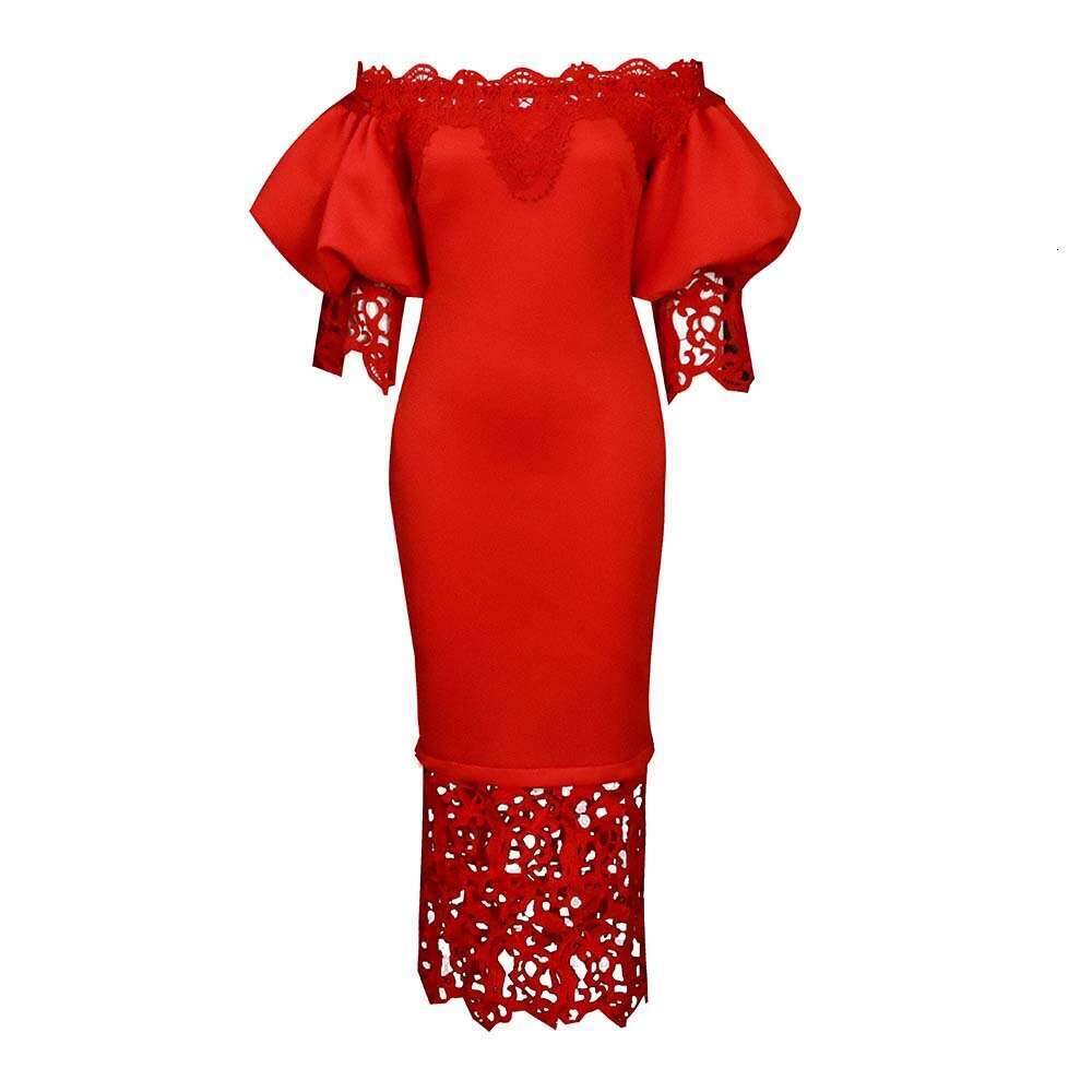 Women's Wear Women's New One Line Neck Lace Spliced Banquet Evening Lantern Sleeves OL Bridesmaid Dress