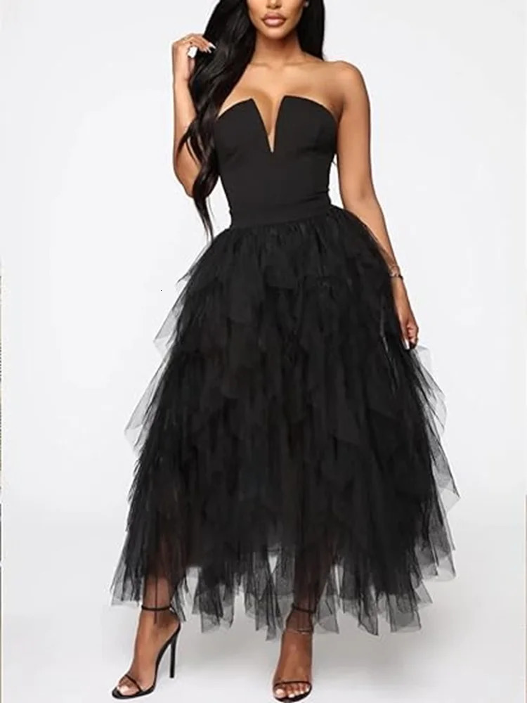 Tulle Skirts for Women Long Length Tutu Fairy Tiered Skirt A Line Mesh Elastic Waist Big Hem Black Gray Pink Beige 250520