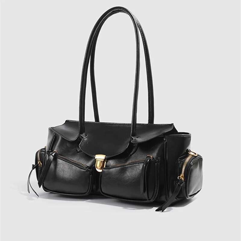 Multi-Pocket Underarm Trendy Street Motorcycle Bowling Handbag For Women Boston High-End Spaghetti Strap Shoulder Tote Bag