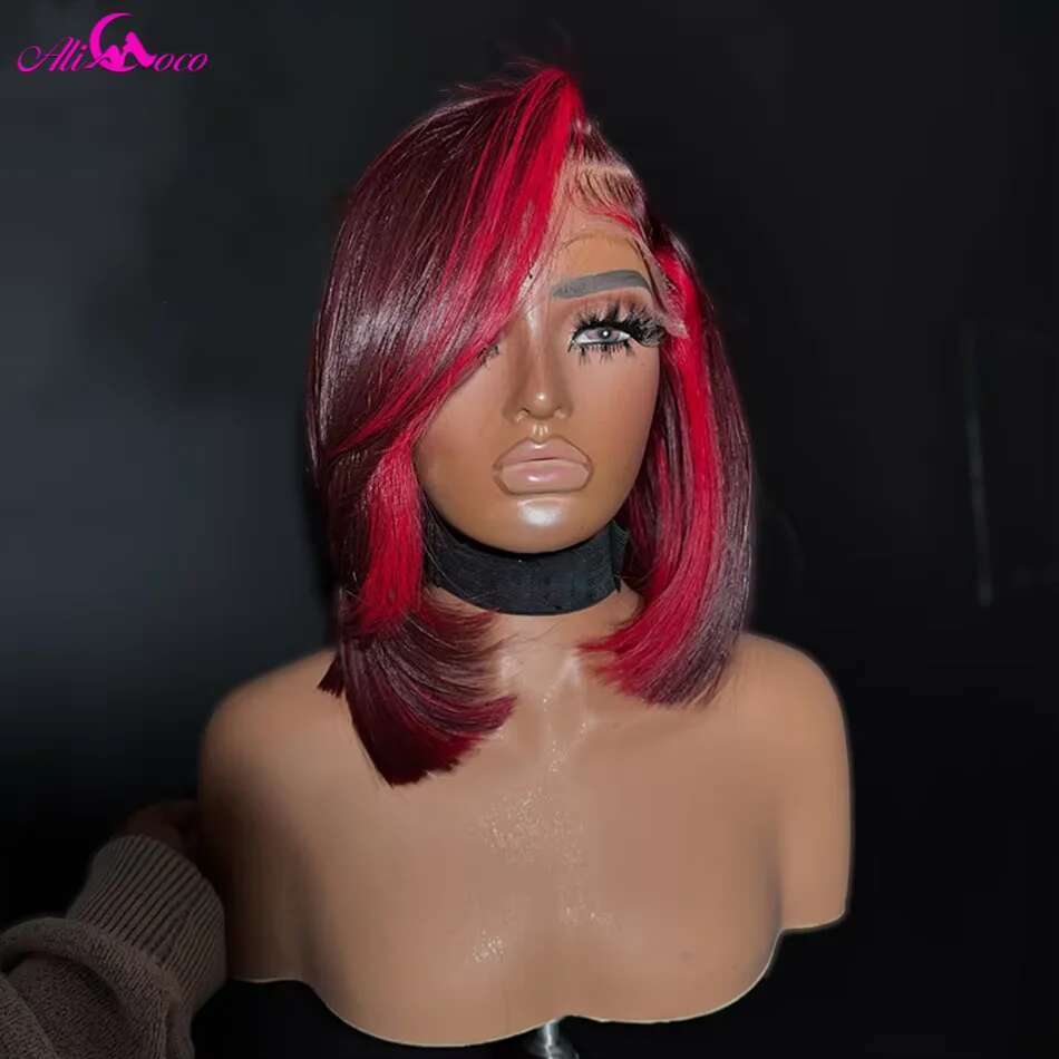 Highlight Red 99J 180 Density 13x4 Lace Front for Women Straight Short Bob Wig Human Hair Wigs