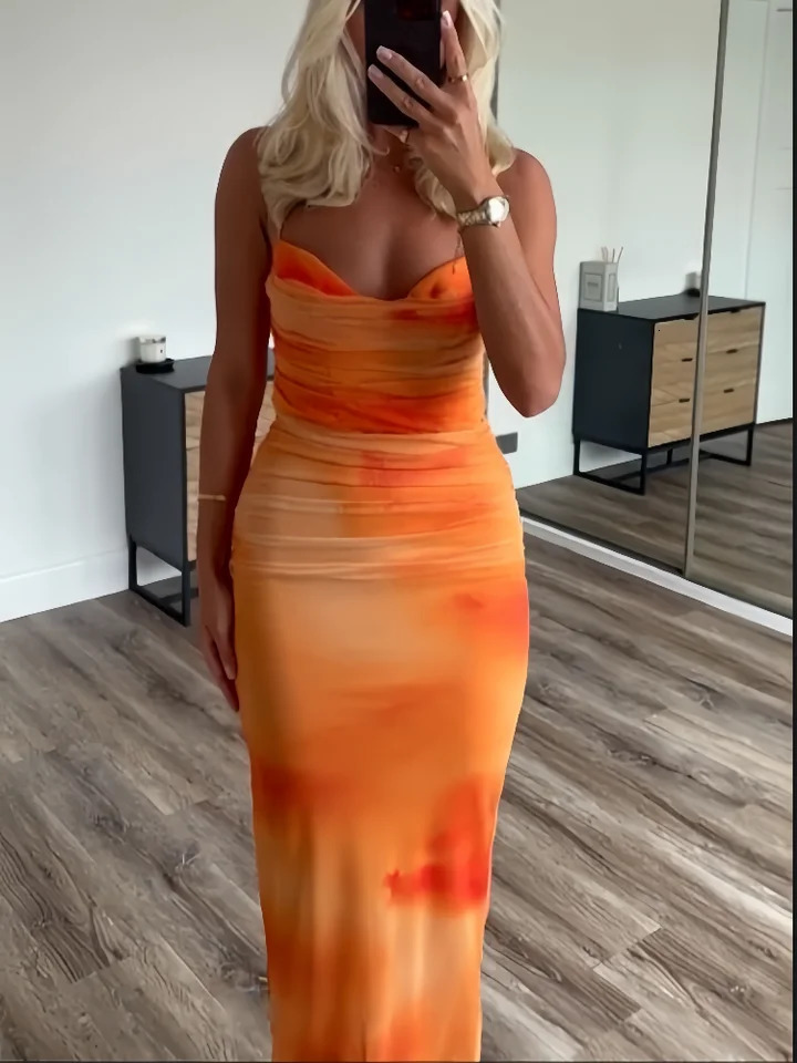 PB ZA Spring Womens Fashionable and Stylish Style Slim Fit Folded Printed Silk Mesh Sling Dress 250520