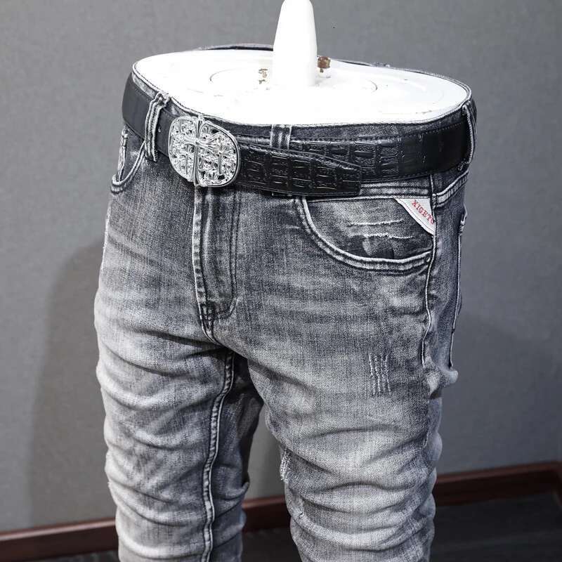 Newly Designer Fashion High Quality Retro Dark Gray Elastic Slim Fit Ripped Jeans Men Vintage Casual Denim Pants Homme