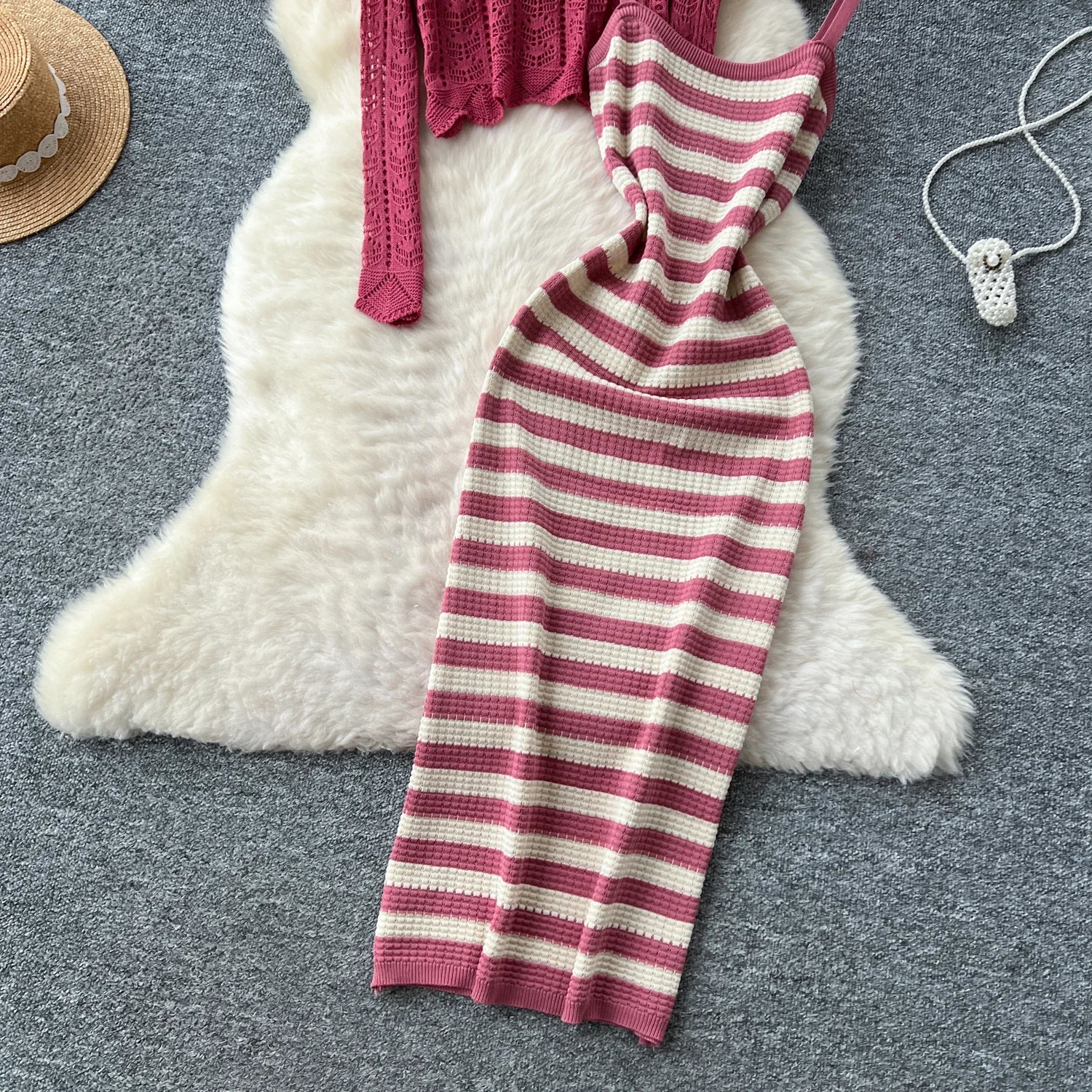 Solid Two piece set Hook flower hollow striped sweet Dress Women Fashion Summer Skirt women clothing 250520