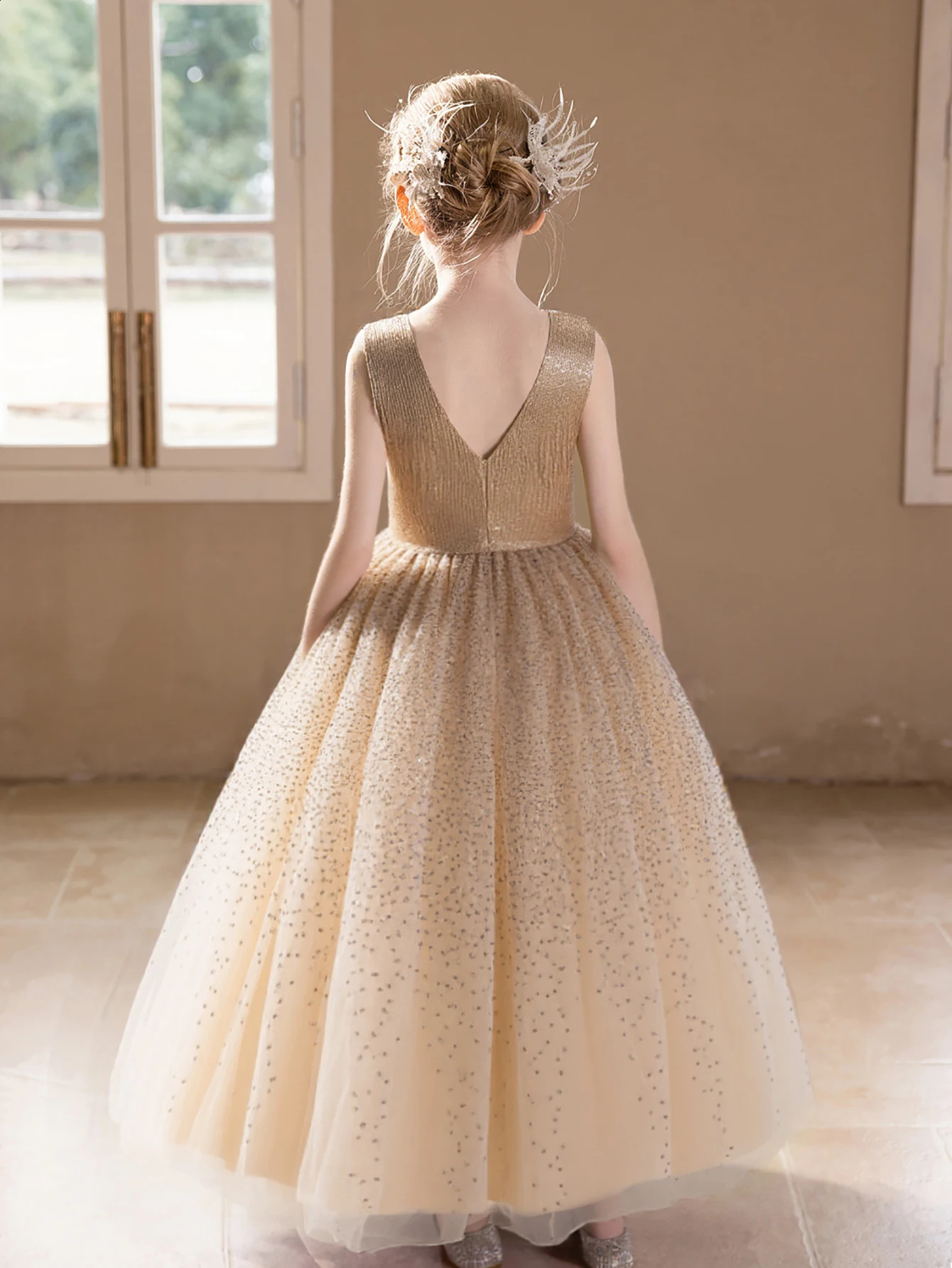 Girl Princess Dress High-end Champagne Sequined Dress for Girls Wedding Birthday Party Puffy Gauze Skirt Bridesmaid Dresses 250519