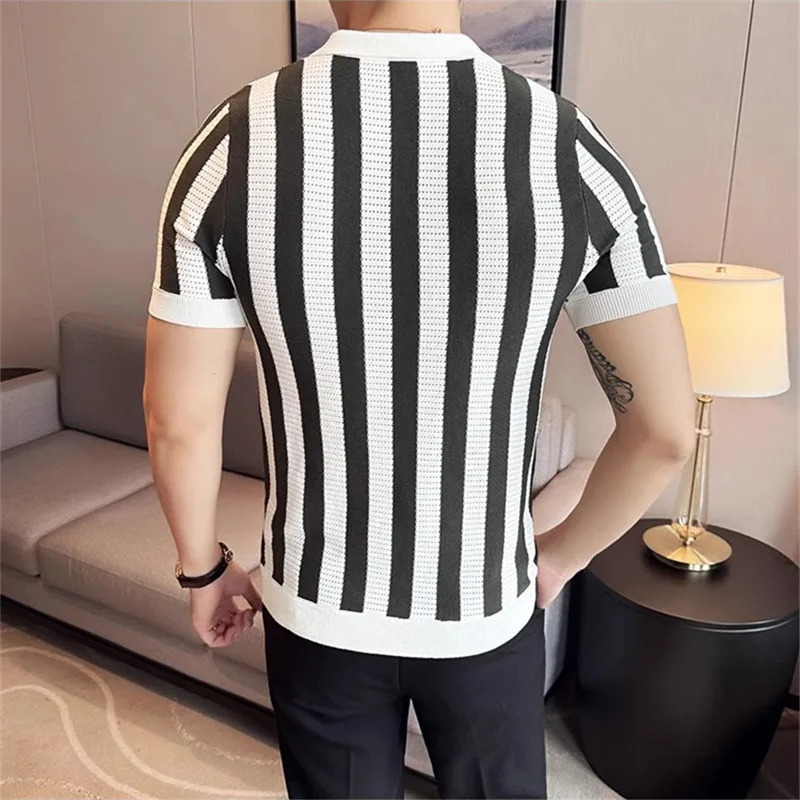 Summer Mens Striped Knit Shirts Lightweight Slim Fit Breathable Casual Shirt Men Turn Down Collar Short Sleeve Knitted Tops 250520