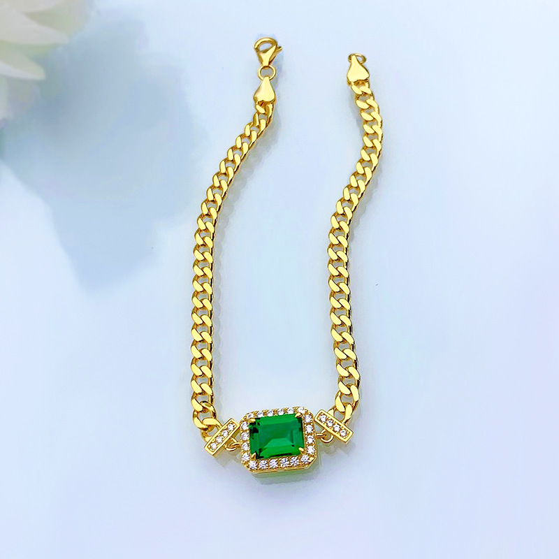 New S925 Sterling Silver Bracelet with 6x8mm Faux Emerald, Simple & Elegant Design for Women, Luxury Minimalist Jewelry