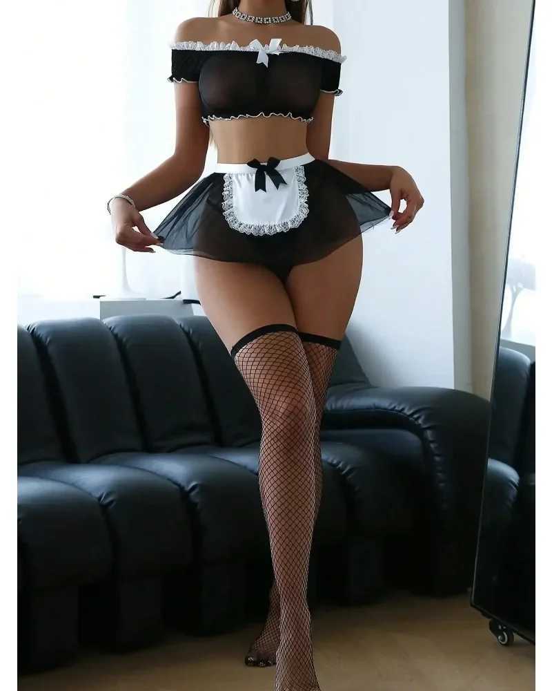 Sexy Knot Uniform Set Women Lace Patchwork Mesh See-through Sexy Contrast Color Underwear Cosplay Set New R250520