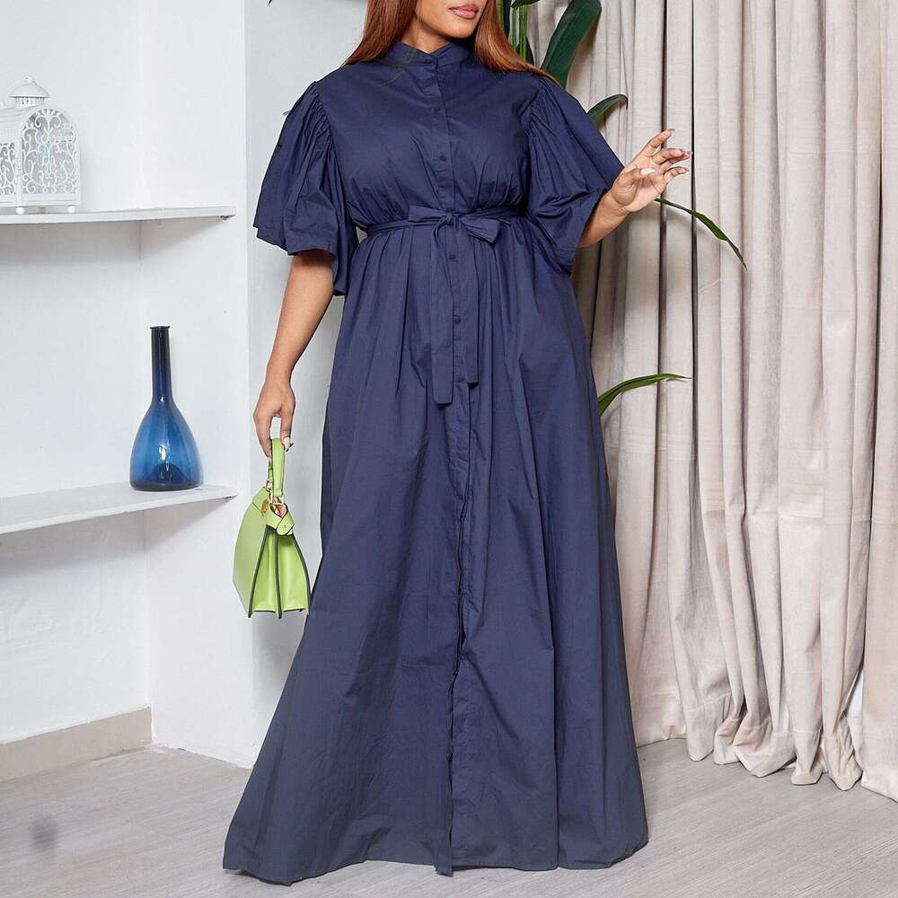 Women's Wear D3270- Summer Fashion Flare Sleeves Single Breasted Belt Loose Waist Long Dress