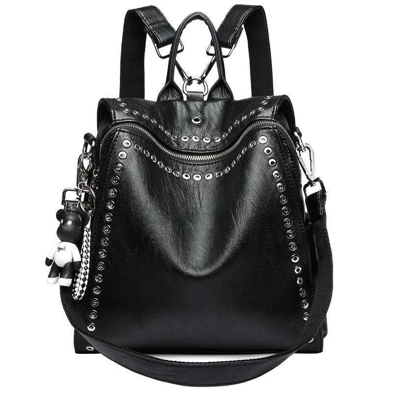 Women Genuine Leather Backpack Rivet Multifunctional Shoulder Female Daily Travel Bag Girls Fashion Schoolbag Mochila