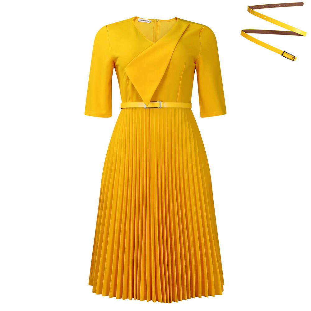 Women's Wear D3296 Women's New Solid Color V-Neck Fashionable Temperament Pleated Dress