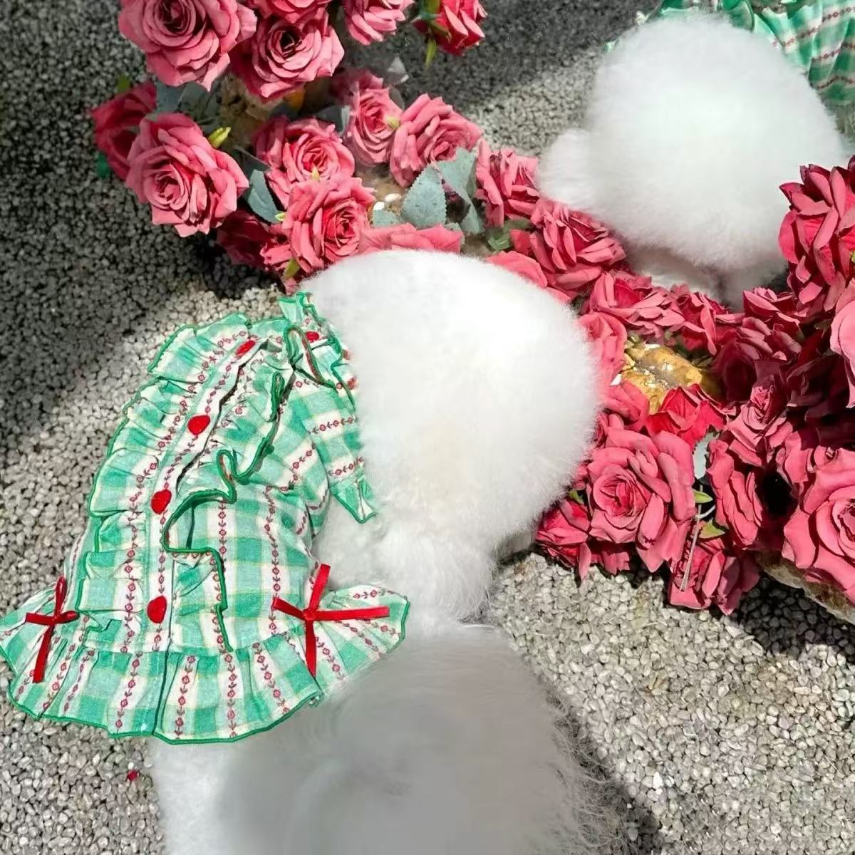 T00244 Summer puff sleeve plaid shirt pet clothes princess dress home clothes teddy bear pomeranian cat clothing