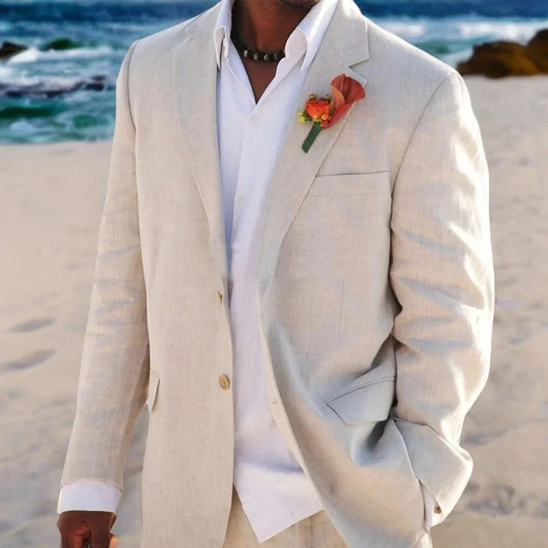 Beige Linen Wedding Suits for Men Beach 2 Pcs Groom Tuxedo Summer American Style Suit Jacket with Pants 250519