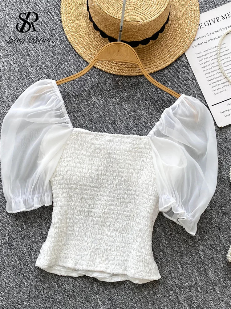 SINGREINY Fashion sweet Lace Blouse Women Sqaure Neck Puff Sleeves Buttons n Top Pleated Skinny Solid Frence Sweet Shirt 250520