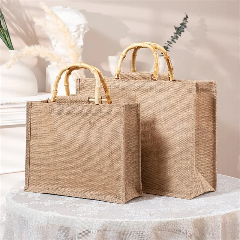 Burlap Jute Large Capacity Camping Bag Drink Bento Bbq Picnic Supplies Grocery Storage Reusable Handbag Travel Beach Bags 250516