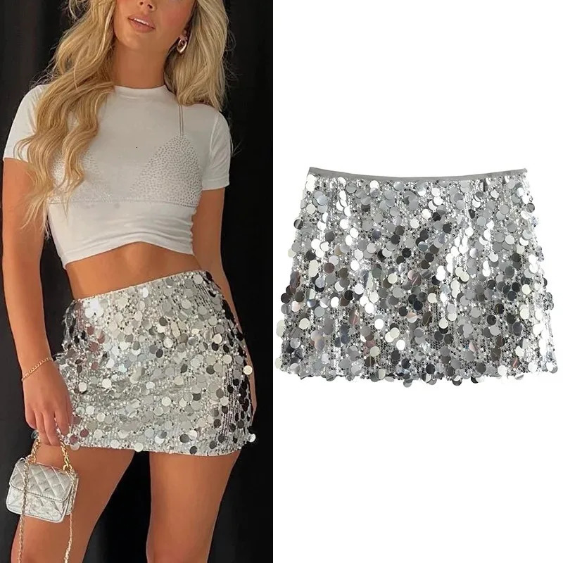 Silver Sequin Skirt Woman High Waist Mini Fashion Shiny Glitter Elegant Short Skirts For Women Y2k 250520