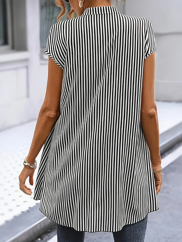 Plus Size Womens Summer Striped Shirt High Collar Single Row Button Basic Office Fashion Long 250520