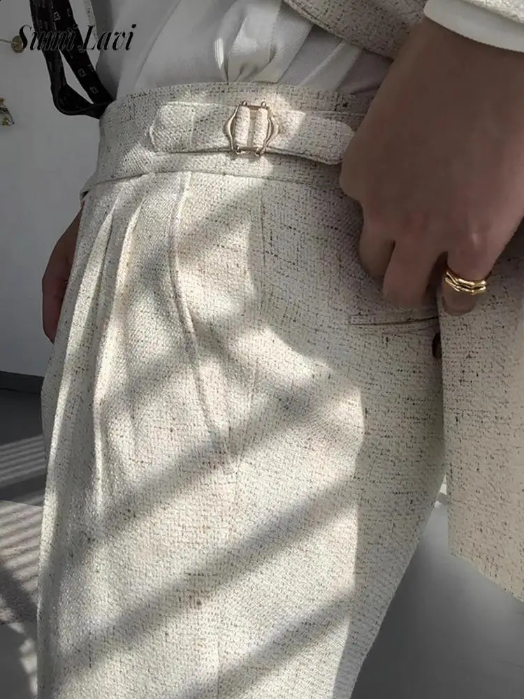 2025 Spring Casual Trousers Mens Vintage Belt High Waist Straight Pants Naples Fashion Solid Color Pleated Mens Woolen Trousers 250519