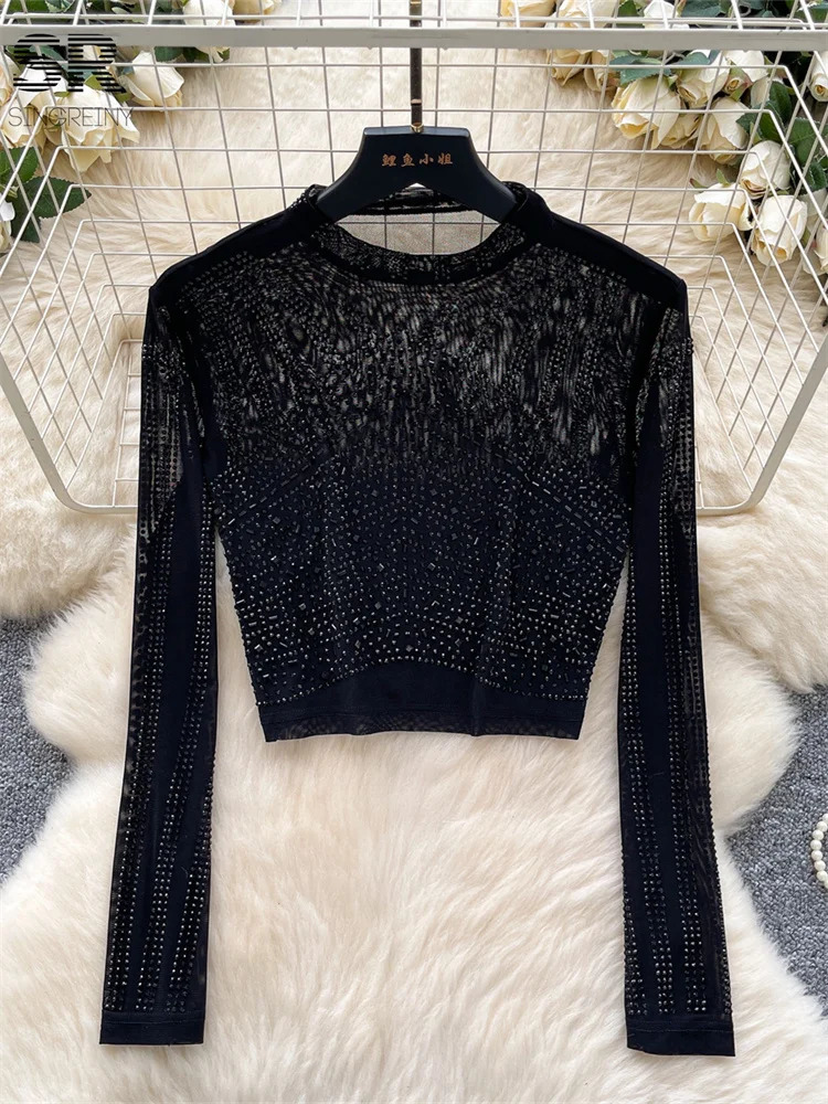 SINGREINY Senior Beading Sexy Blouse Women Long Sleeves O Neck Short T Shirt Girl Fashion Streetwear Shiny Crop Tops 250520