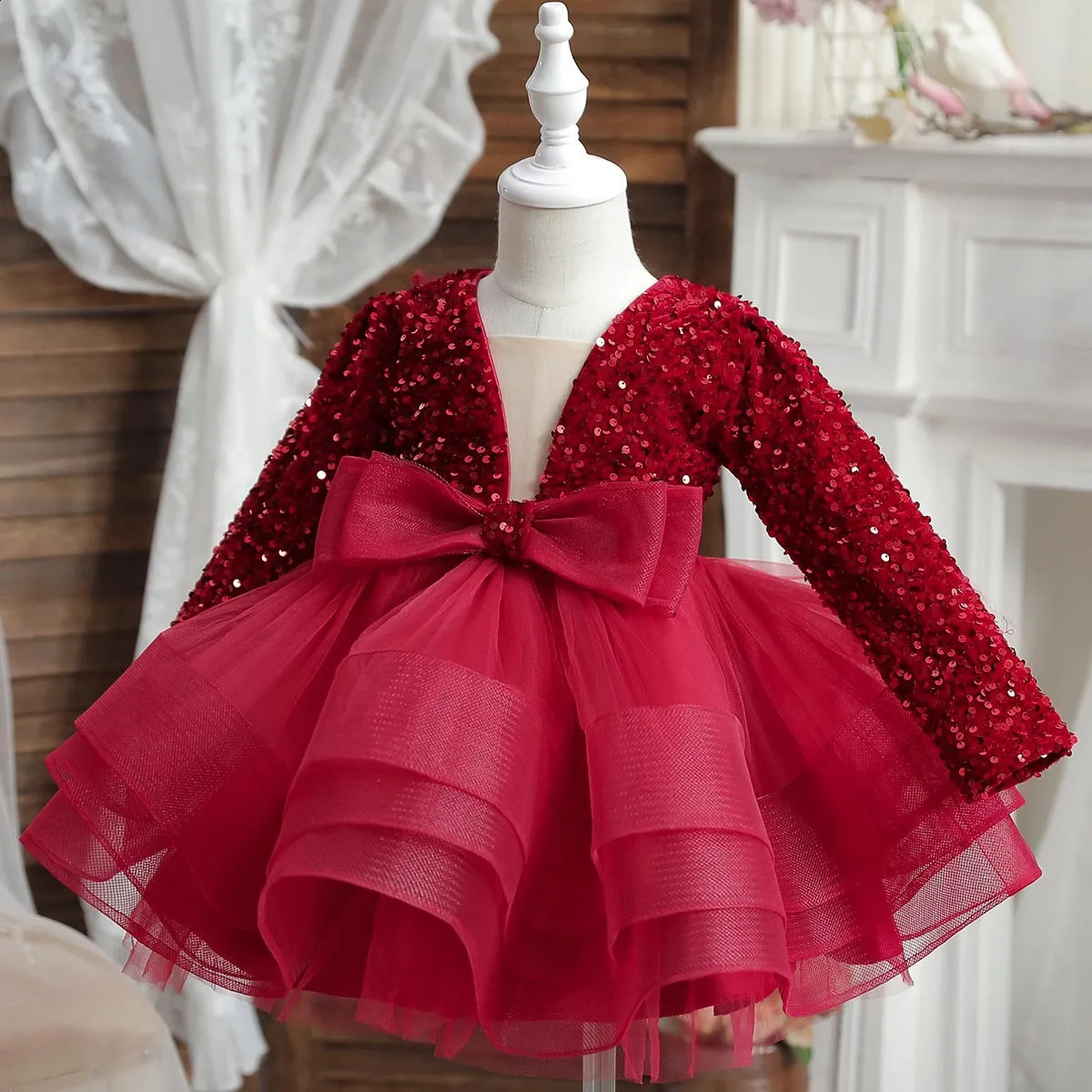Girls Long Sleeve Sequins Pageant Dress For Kids Wedding Birthday Party First Communion Puffy Ball Gown Prom Puffy Dress 250519