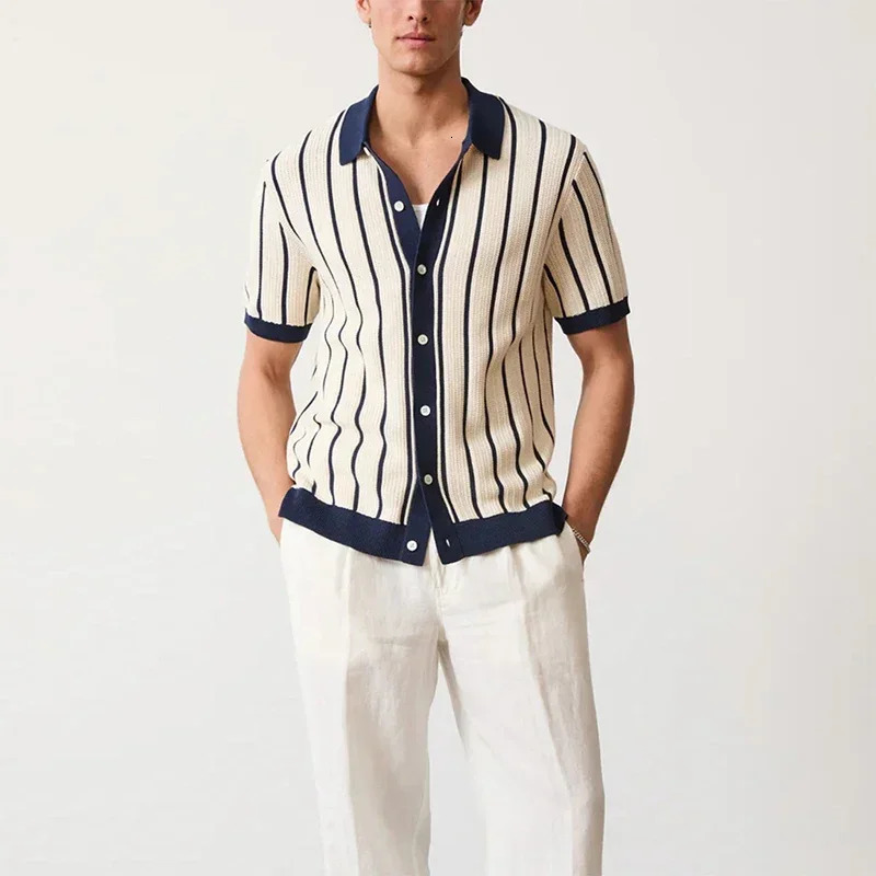 y Knitting Striped Shirts Men Vintage Turndown Collar Button Short Sleeve Mens Knit Shirt Summer Trendy Slim Cardigan 250520