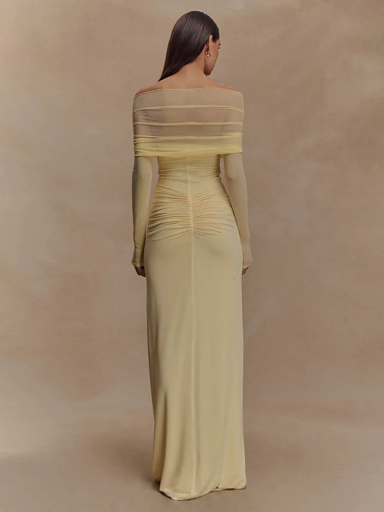 Mozision Offshoulder Hollow Out Sexy Maxi Dress Women Summer Fashion Strapless Long Sleeve Ruched Club Party 250520