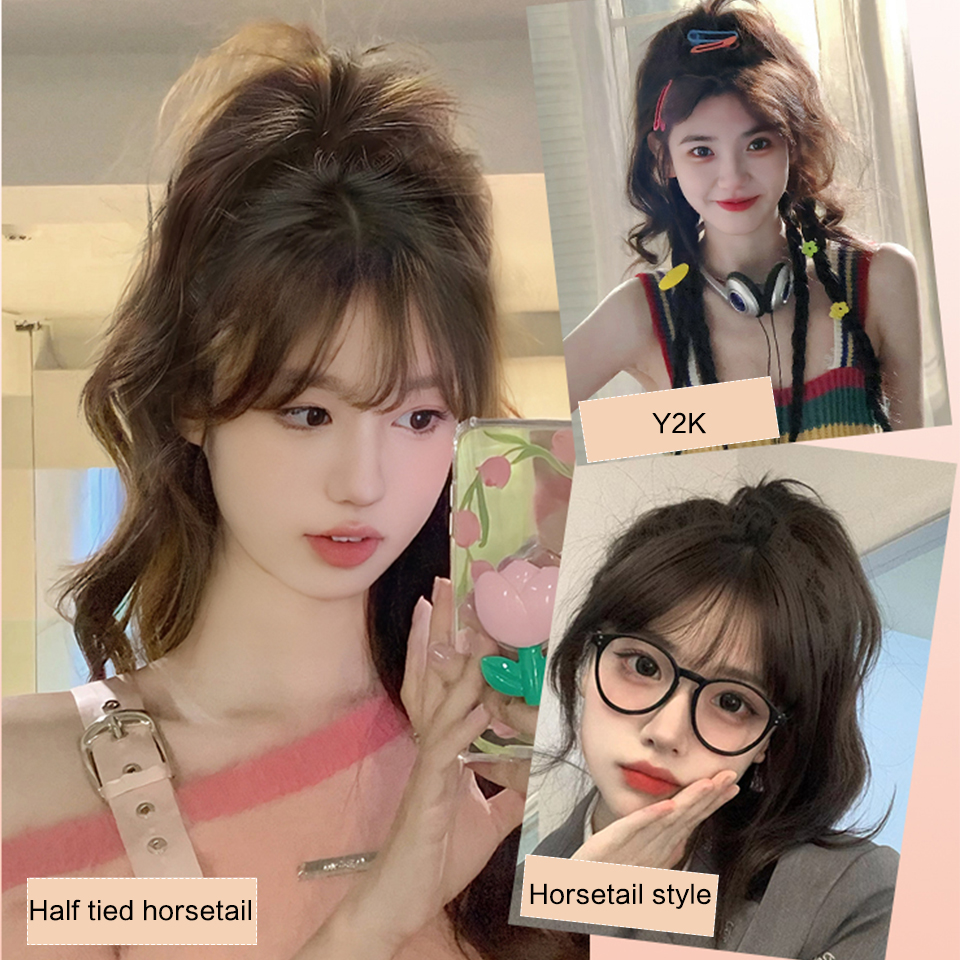 Ponytail fake hair, female simulation hair, natural grasping clip style semi tied fountain waterfall, high skull top mermaid, curly ponytail hair brai