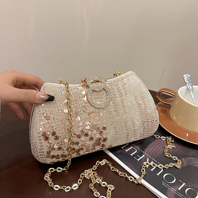 2024 New Trendy Texture Glitter Women's Simple Western Style Lock Chain Cross Shoulder Banquet Bag