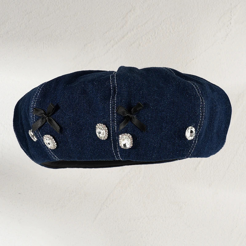 Mini Bows Rhinestones Buttons Beret Hats Womens Elegant Denim Artist Hat Fashion Soft Painters Cap Party Casual Pumpkin Cap 250520