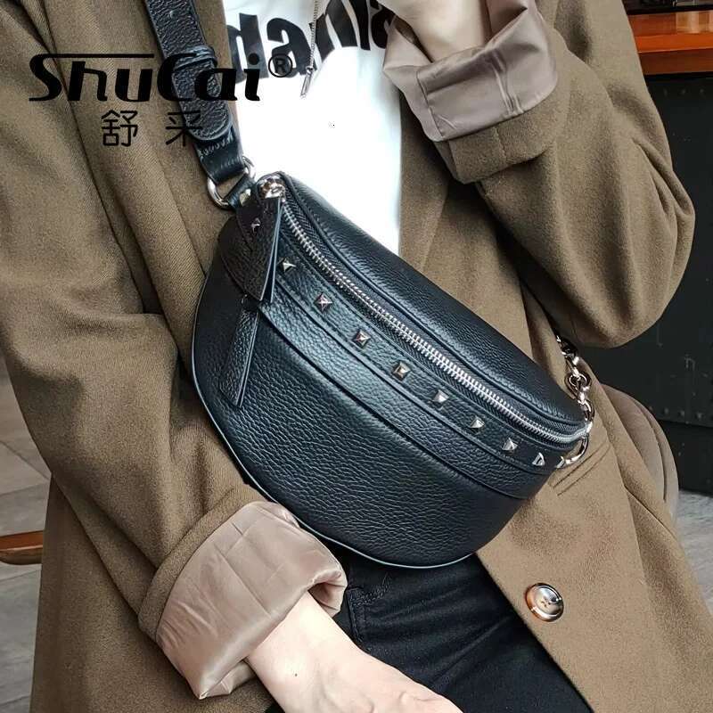 Genuine Female Korean Version Soft Leather Chest Ins Youth Willow Studs Crossbody Waist For Women Saddle Bag