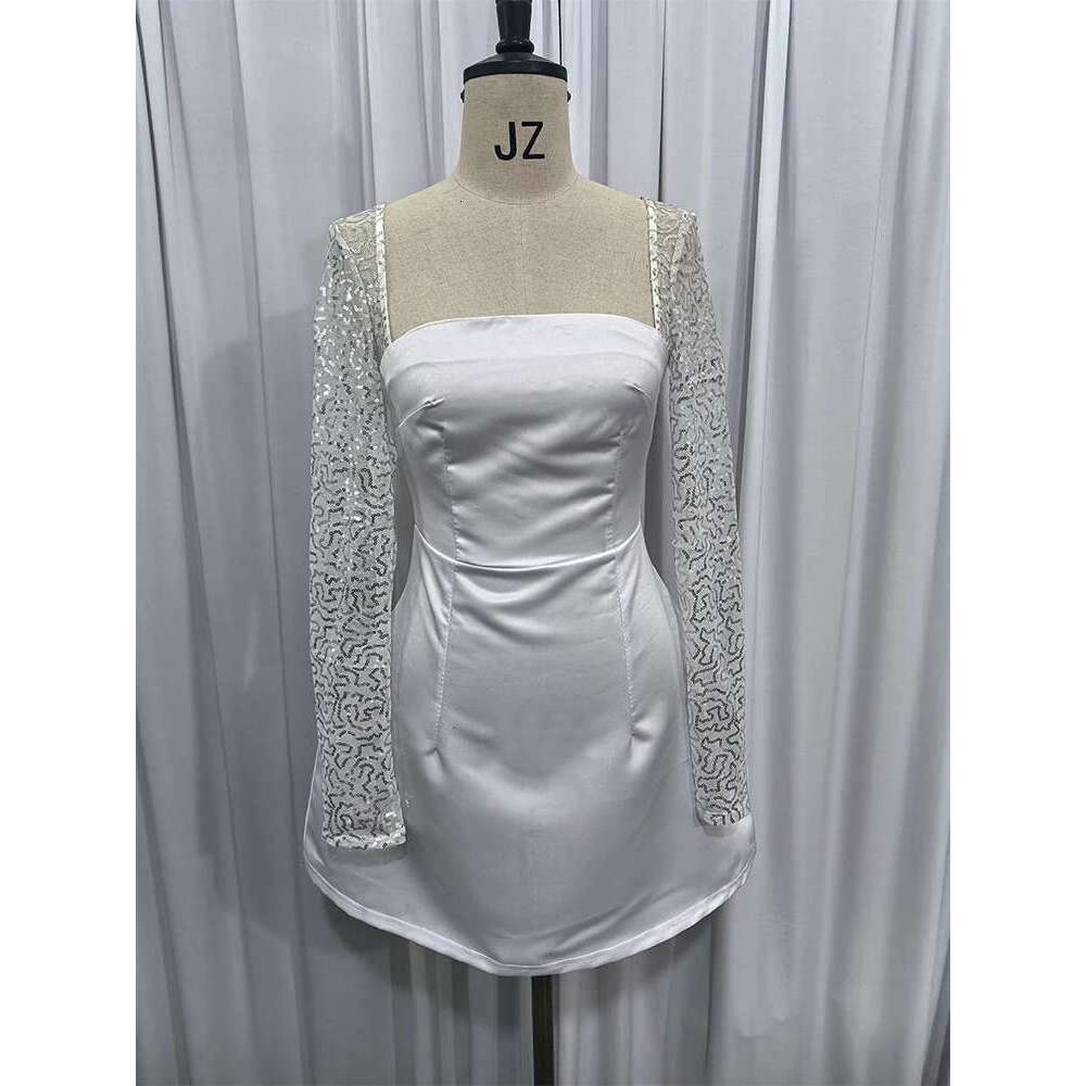 NIDANSSI White Satin Lace Glitter Evening Party Women Backless Robes Elegant Sexy Bodycon Mini Winter Dress Vestidos