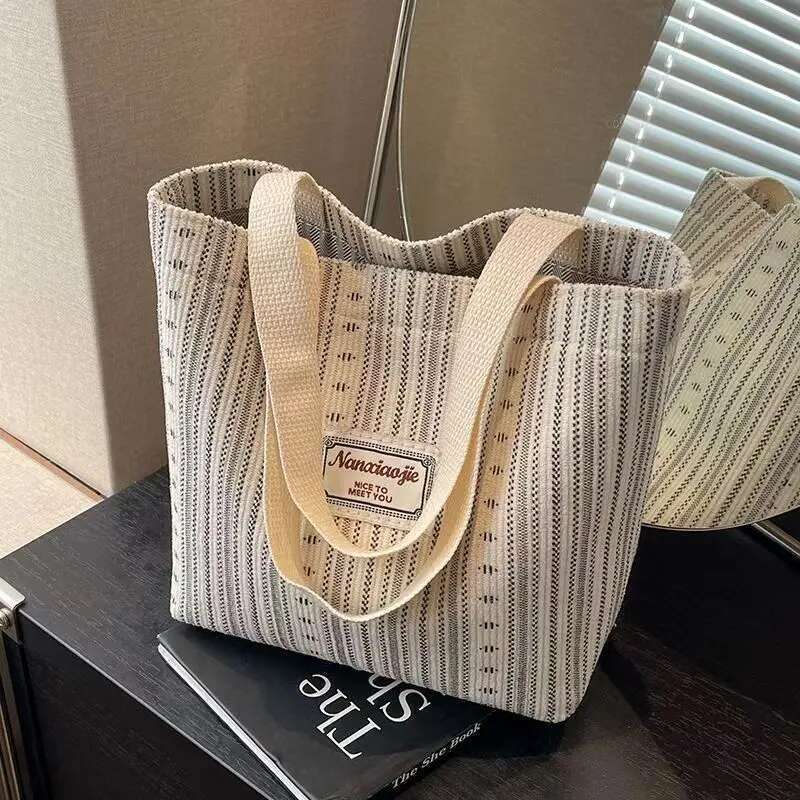 ins Japanese 2024 canvas fashion striped hand carry shoulder women's class tote commuter bag