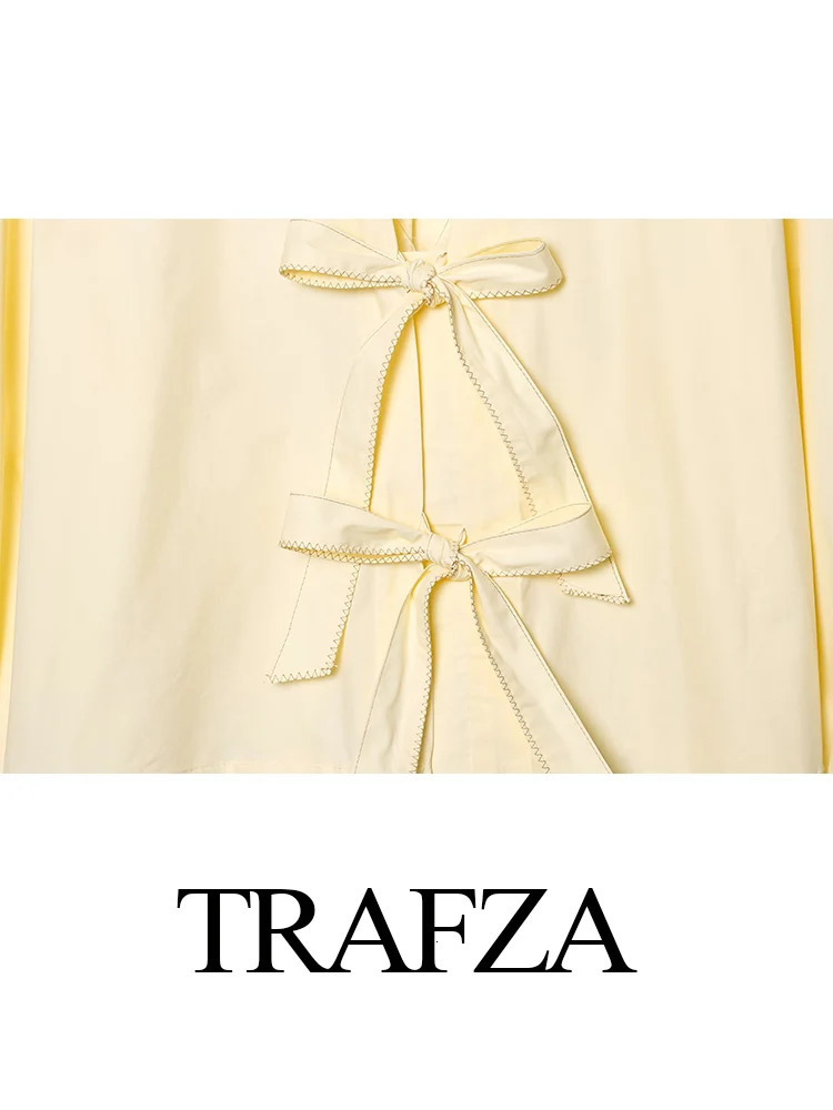 TRAFZA Women Casual Lace Up Shirt With Bow Summer Long Sleeve Loose Female Shirts Puff Blouses Office Top 250520