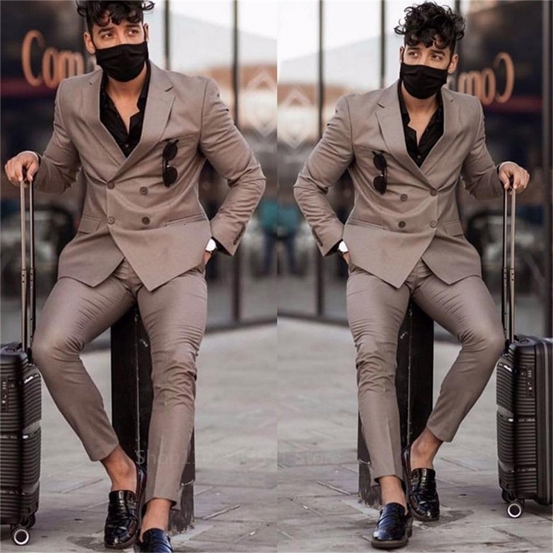 Casual brown double breasted mens suit slim fit evening dress wedding groom Terno Masculino jacket 2 pieces jacketpants 250420