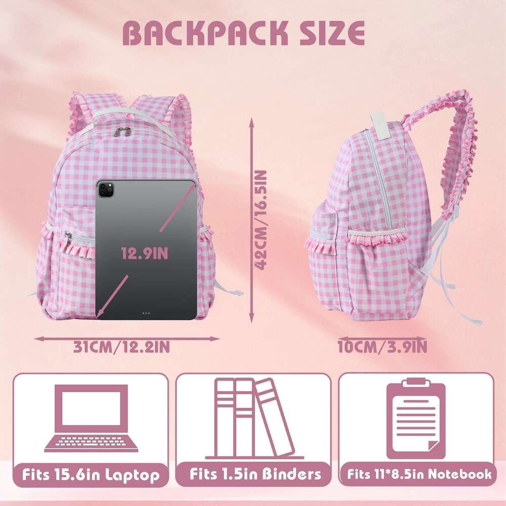 Ruffle Plaid Backpack Girl Pink/Blue Nylon Women Outdoor Travel Weekend Book Schoolbags Back To School Gifts For Kids
