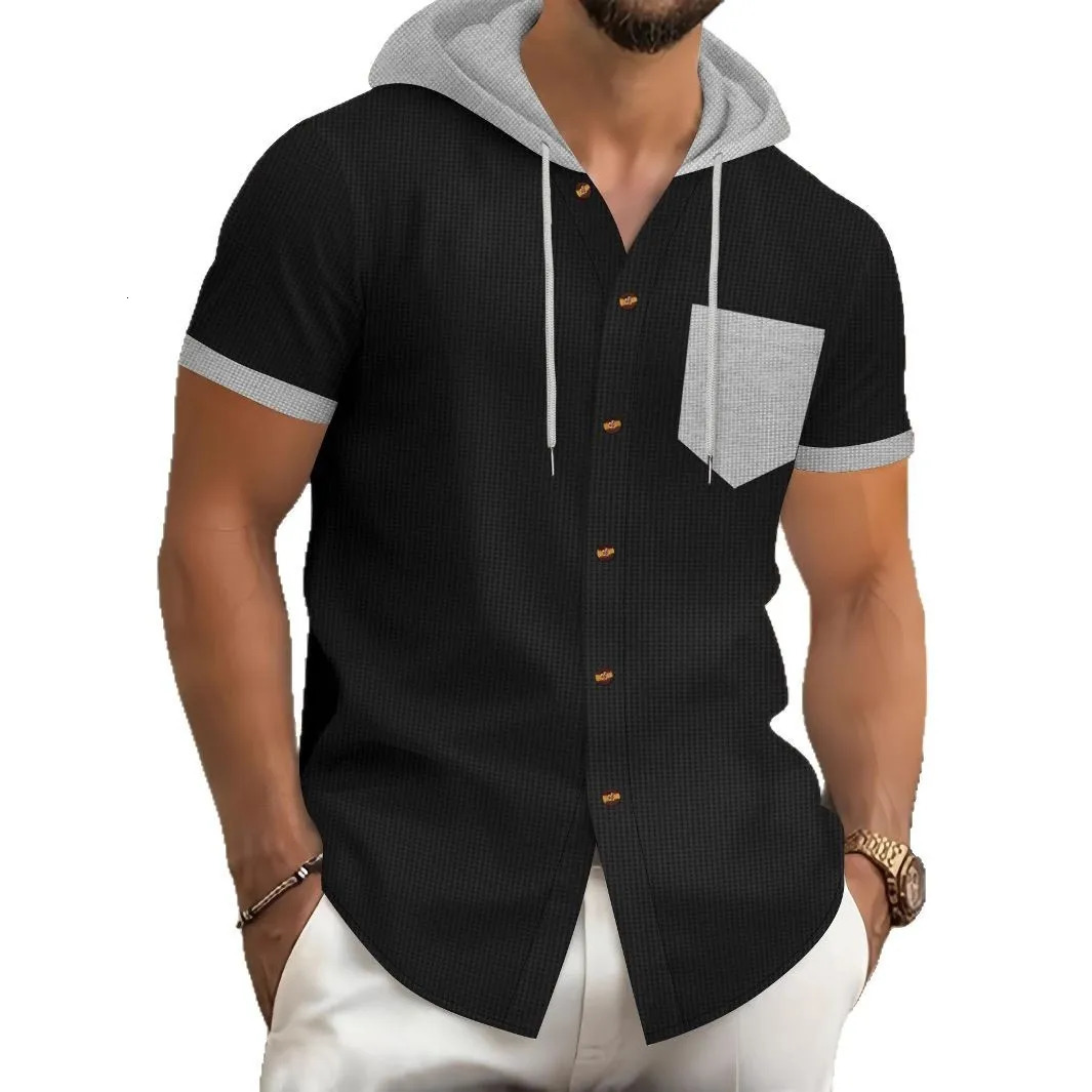 Mens Summer Waffle Hooded Cardigan ShortSleeved Jacket TwoTone Pocket BuckleButtoned Casual Knitwear 250520