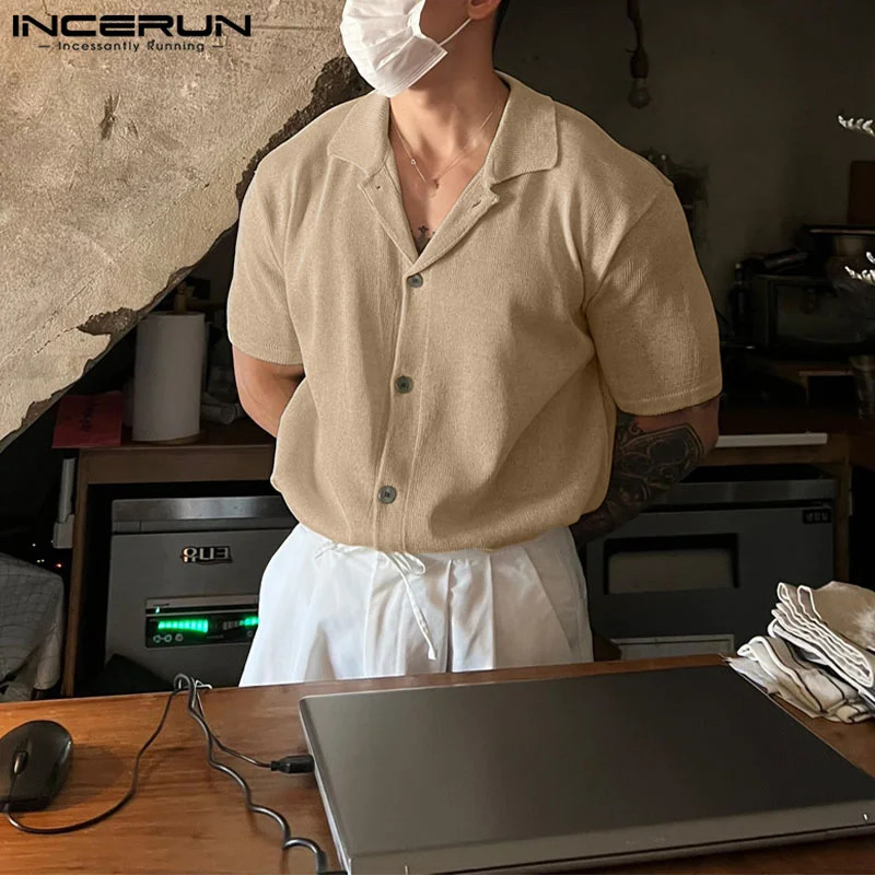 INCERUN Tops Korean Style Mens Solid Knitted n Shirts Casual Street Allmatch Comfortable Short Sleeved Blouse S5XL 250520
