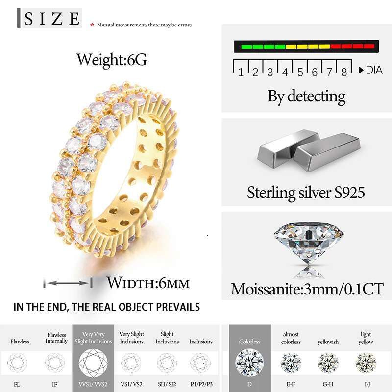 Top Quality 2 Rows 3mm VVS1 Moissanite Rings For Men Hip Hop Jewelry 100% 925 Sterling Silver HipHop/Rock Bling Ring Gift