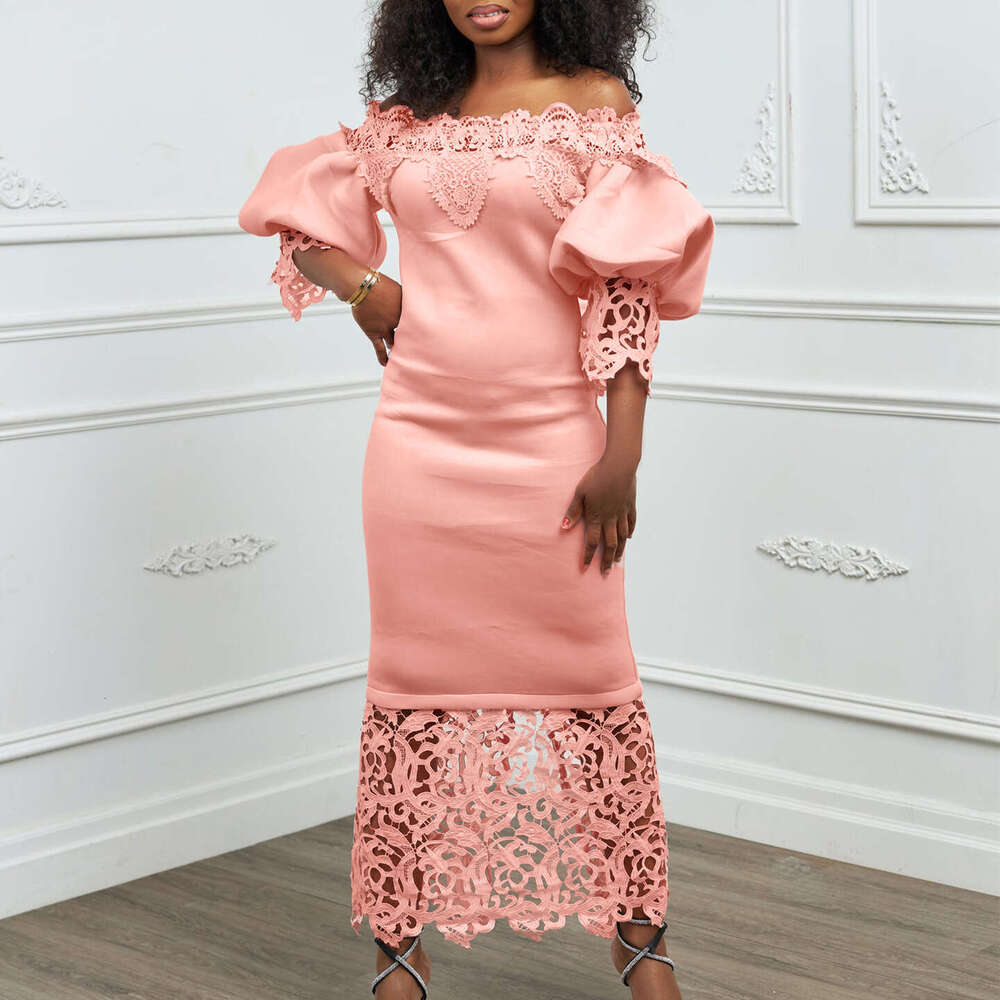 Women's Wear Women's New One Line Neck Lace Spliced Banquet Evening Lantern Sleeves OL Bridesmaid Dress