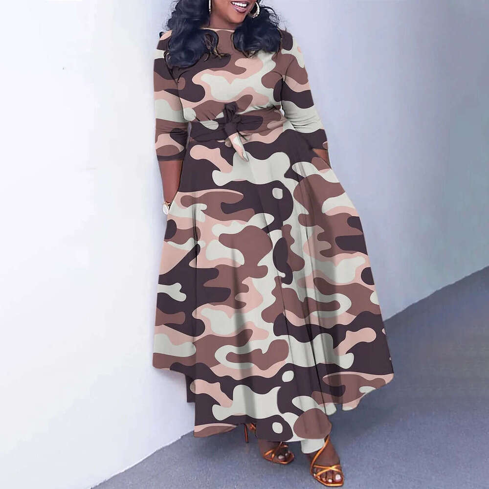 Women's Wear Women's Spring New Fashionable And Stylish Style Lace Up Print Large Medium Length Dress