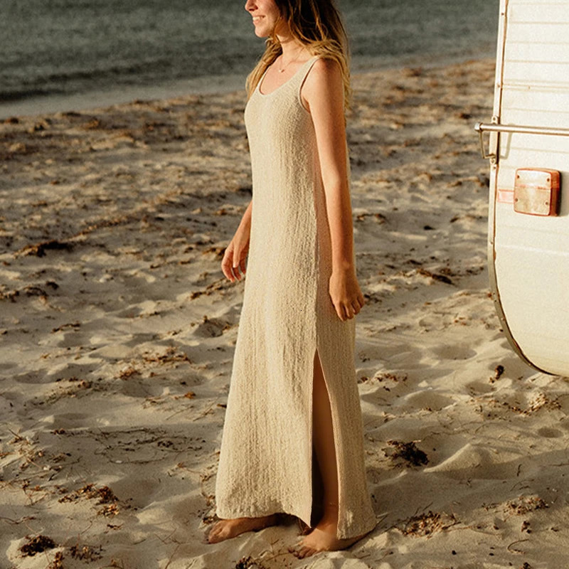 Vintage Cotton Linen Bubble Crepe Split Womens Dress Round Neck Sleeveless Resort Beach Summer Dresses 250520