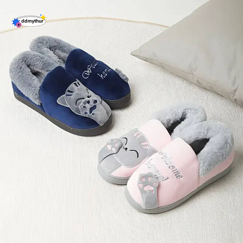 Cute Home Slippers Women Furry Short Plush Cartoon Cat House Shoes Woman Non-slip Soft Winter Warm Indoor Bedroom Men Couples ddmythur