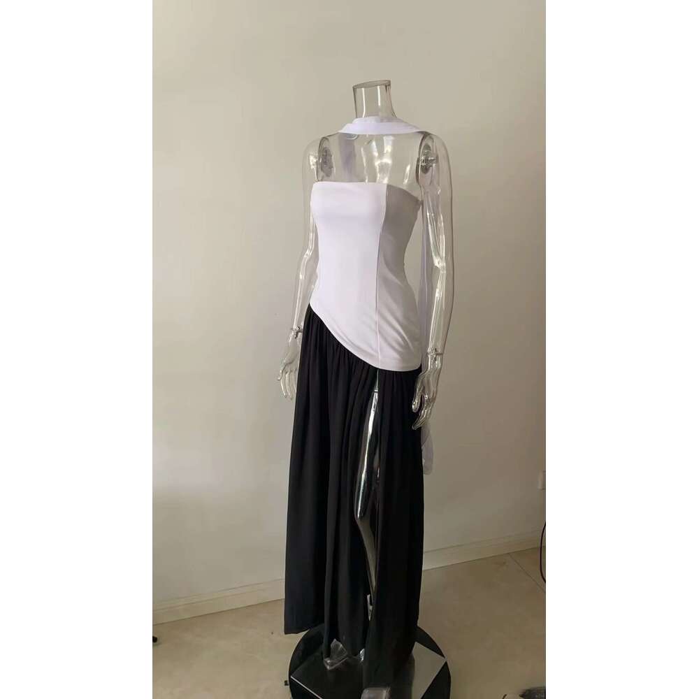 Design Hepburn style contrast zipper tight fitt dress with irregular slits, sexy vacation long skirt quality dress, 2025 new style, chic and elegant