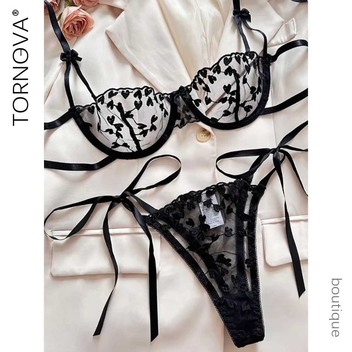 Piece Set Love Embroidered Sexy Underwear Suit for Women Mesh Patchwork See-Through with Steel Ring Sexy Lingerie New R250520