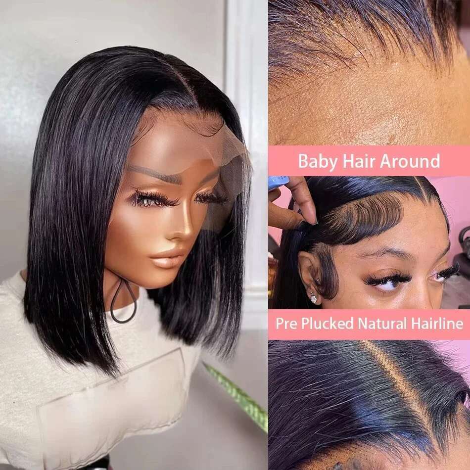 Short Bob Bone Straight Wig 13x4 Front Human Hair 200 Density Glueless HD Transparent Lace Frontal For Women Wigs
