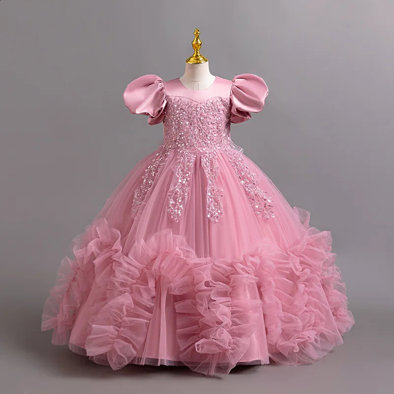 Girls Pearl Puff Sleeve Princess Dress 4-12 Years Old Fashionable Embroidered Puff Skirt Carnival Birthday Party Evening Dress 250519