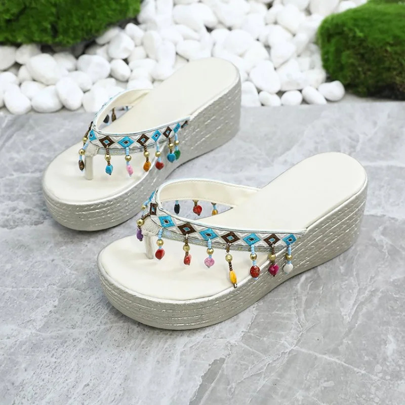 Womens Ethnic Style Platform Wedge Heels Slides - Boho Beaded Tassels Gladiator Sandals Casual Summer Beach Flip Flops Casual 250519