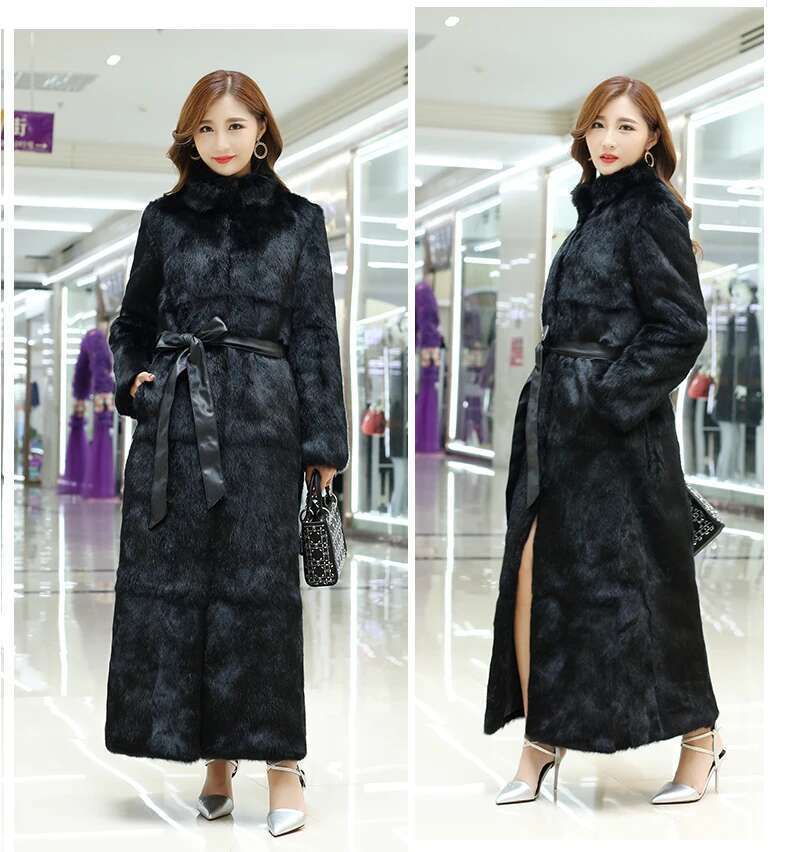 New Real Genuine Natural Rabbit Coat Women's Stand Collar X-Long Fashion Fur Jacket Outwear Custom Any Size Designer