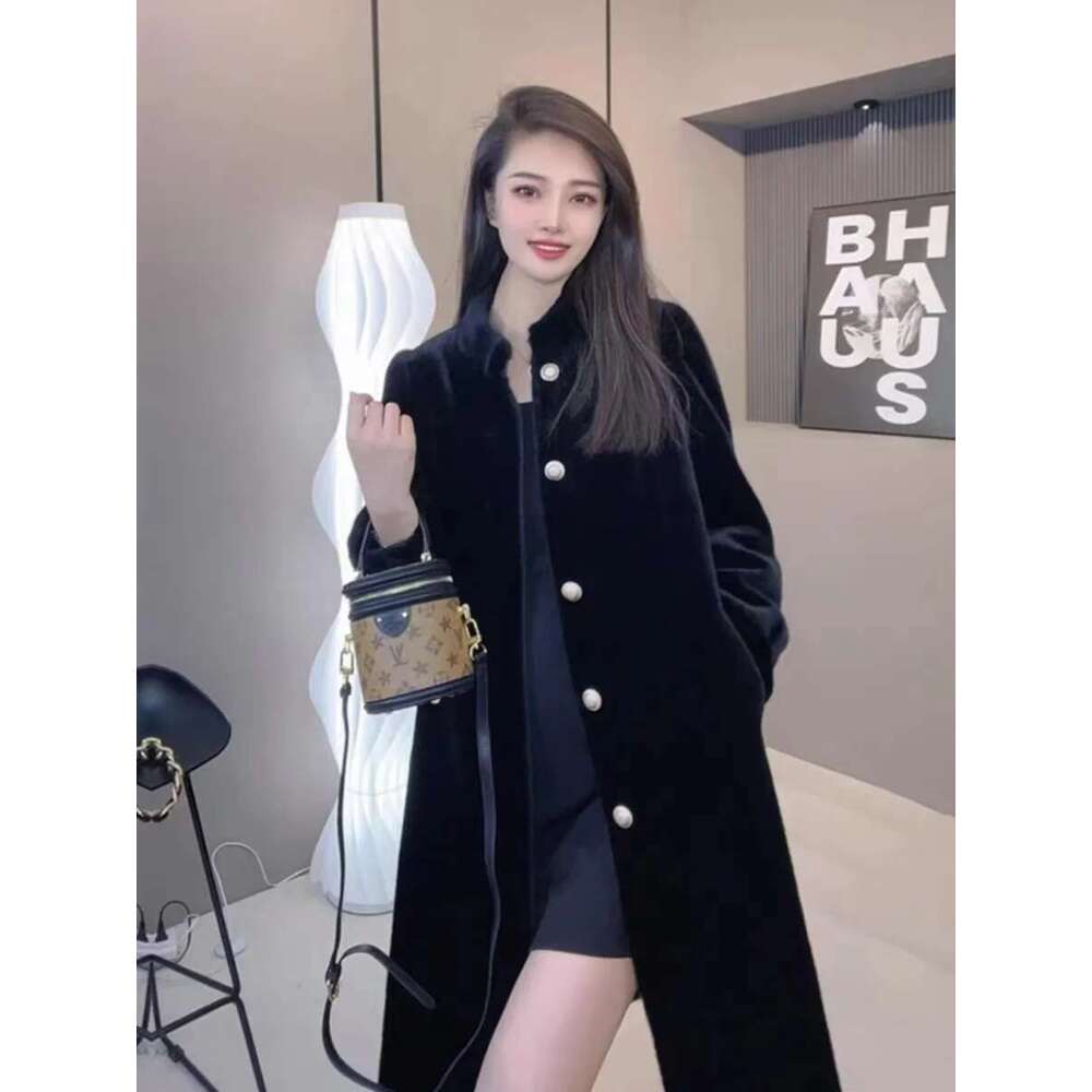 Chinese Style Vintage Lady Elegant Mink Coat X-long Turtleneck Women's Faux Fur Outwear Female Double-breasted Jacket